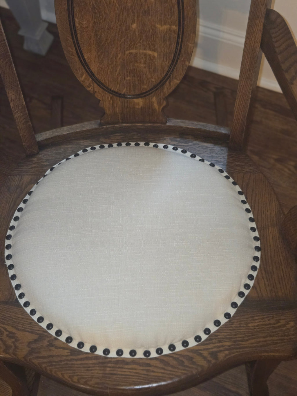 Vintage Solid Oak Rocking Chair - Refinished with Neutral Linen Upholstery