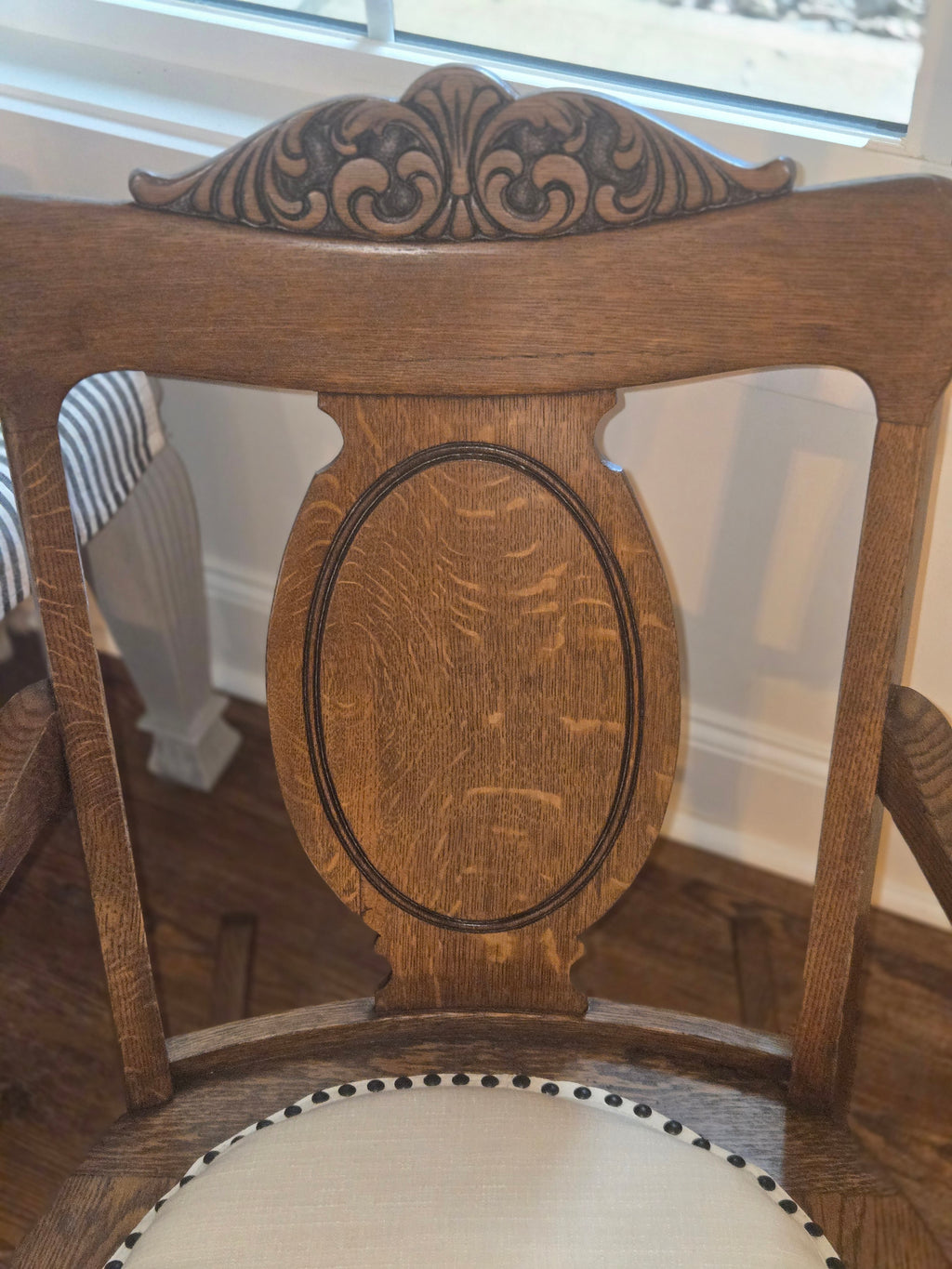 Vintage Solid Oak Rocking Chair - Refinished with Neutral Linen Upholstery