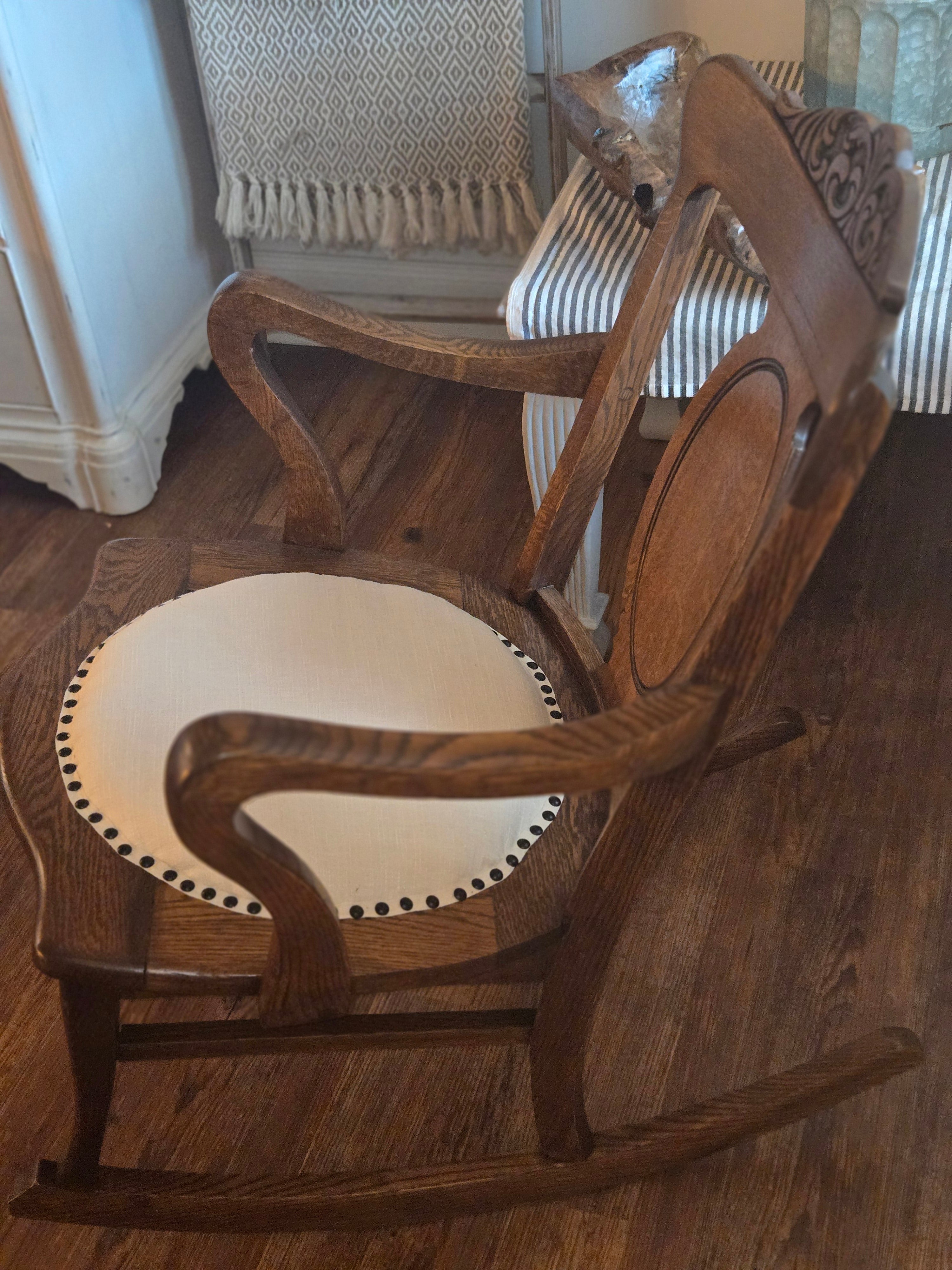 Vintage Solid Oak Rocking Chair - Refinished with Neutral Linen Upholstery