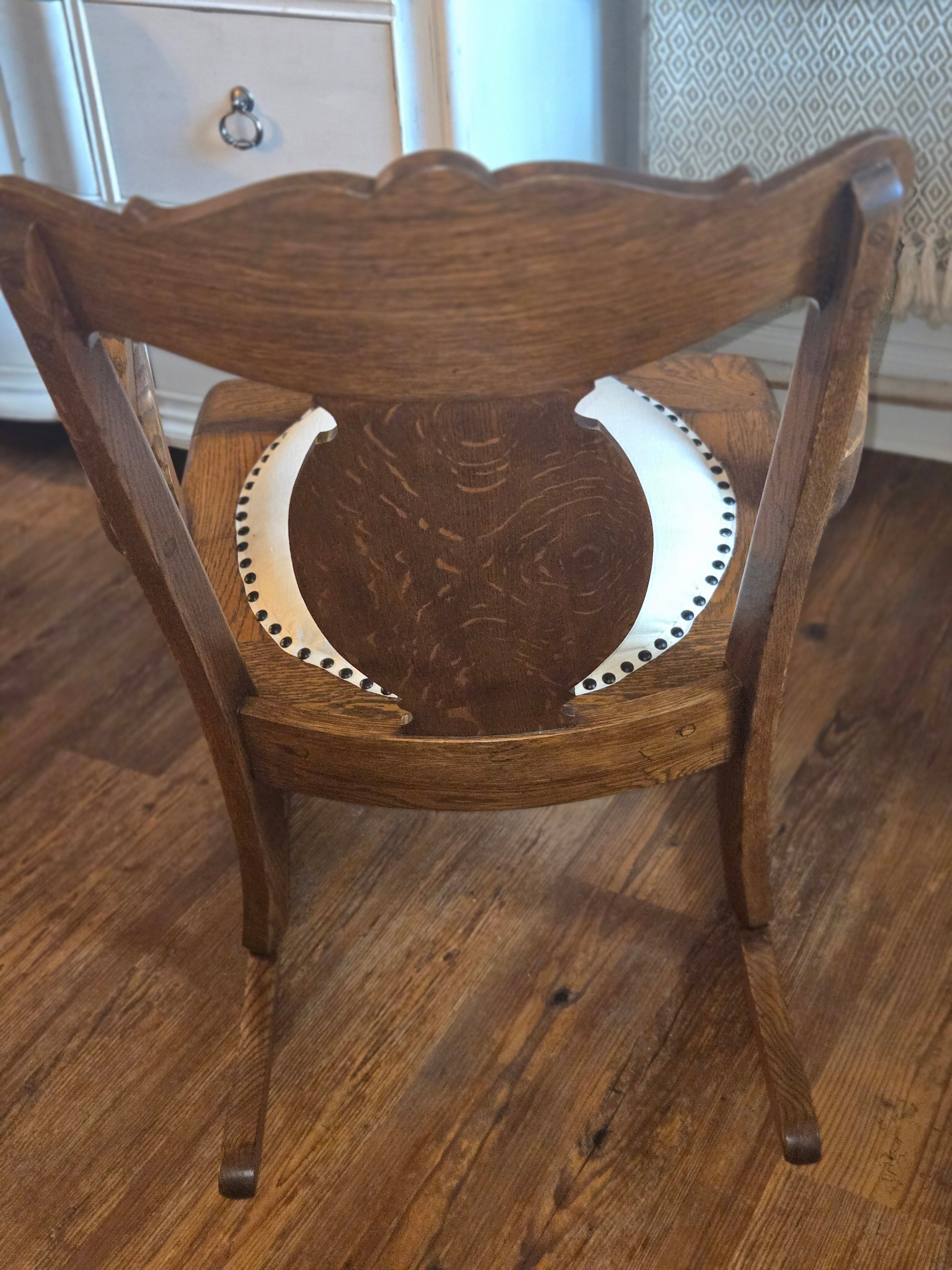 Vintage Solid Oak Rocking Chair - Refinished with Neutral Linen Upholstery