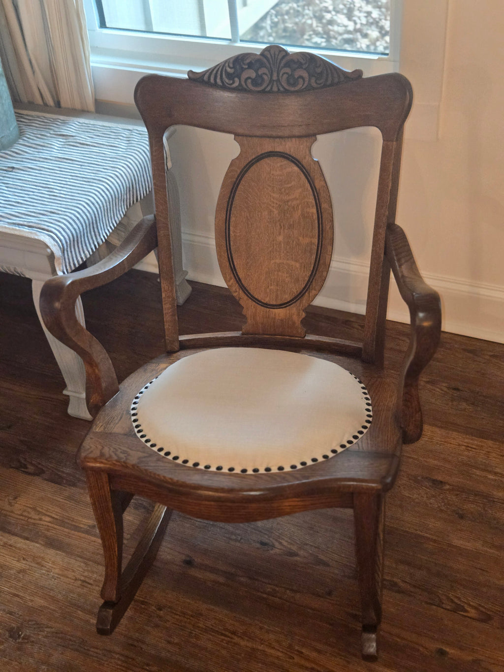 Vintage Solid Oak Rocking Chair - Refinished with Neutral Linen Upholstery