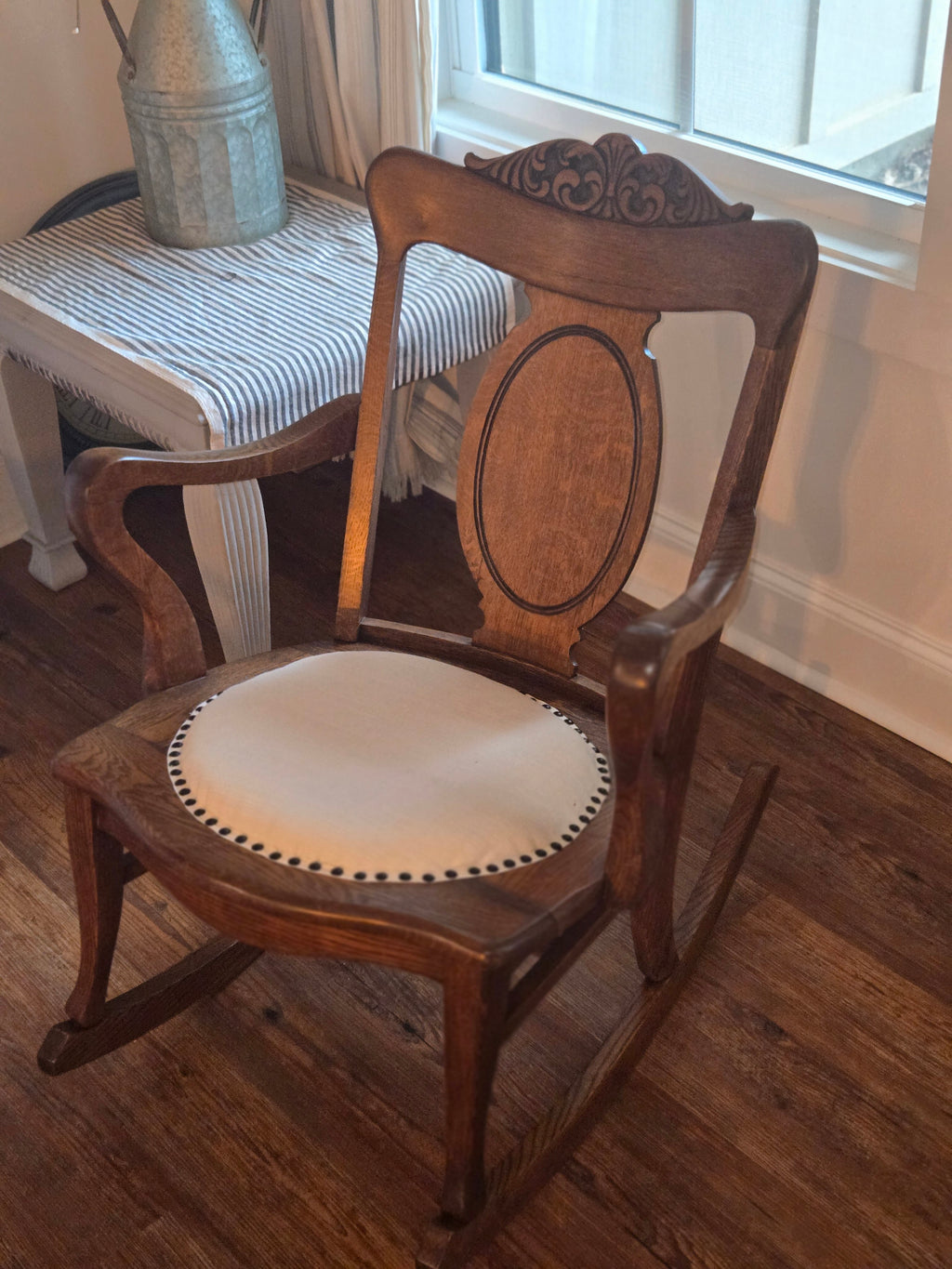 Vintage Solid Oak Rocking Chair - Refinished with Neutral Linen Upholstery