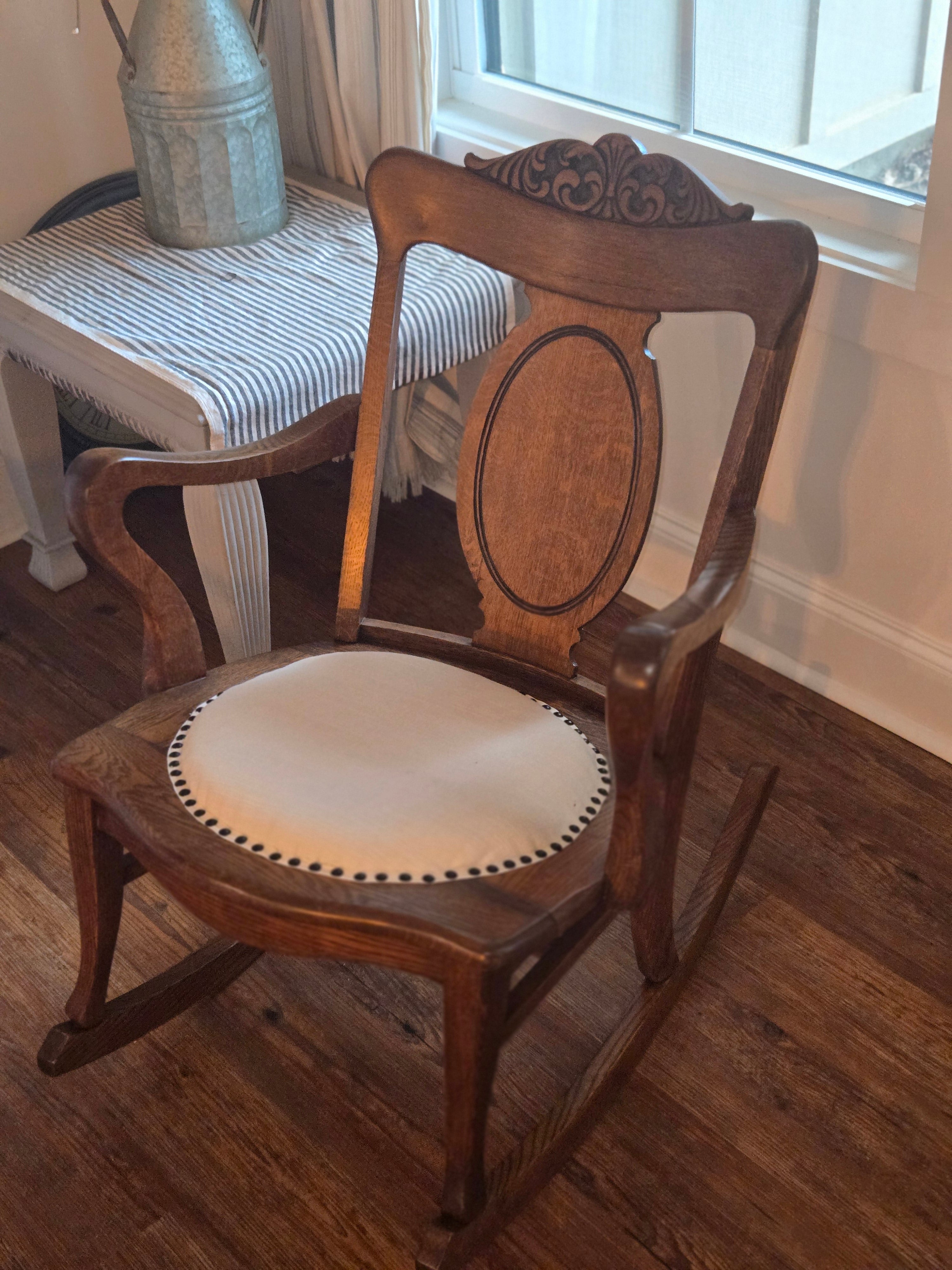 Vintage Solid Oak Rocking Chair - Refinished with Neutral Linen Upholstery