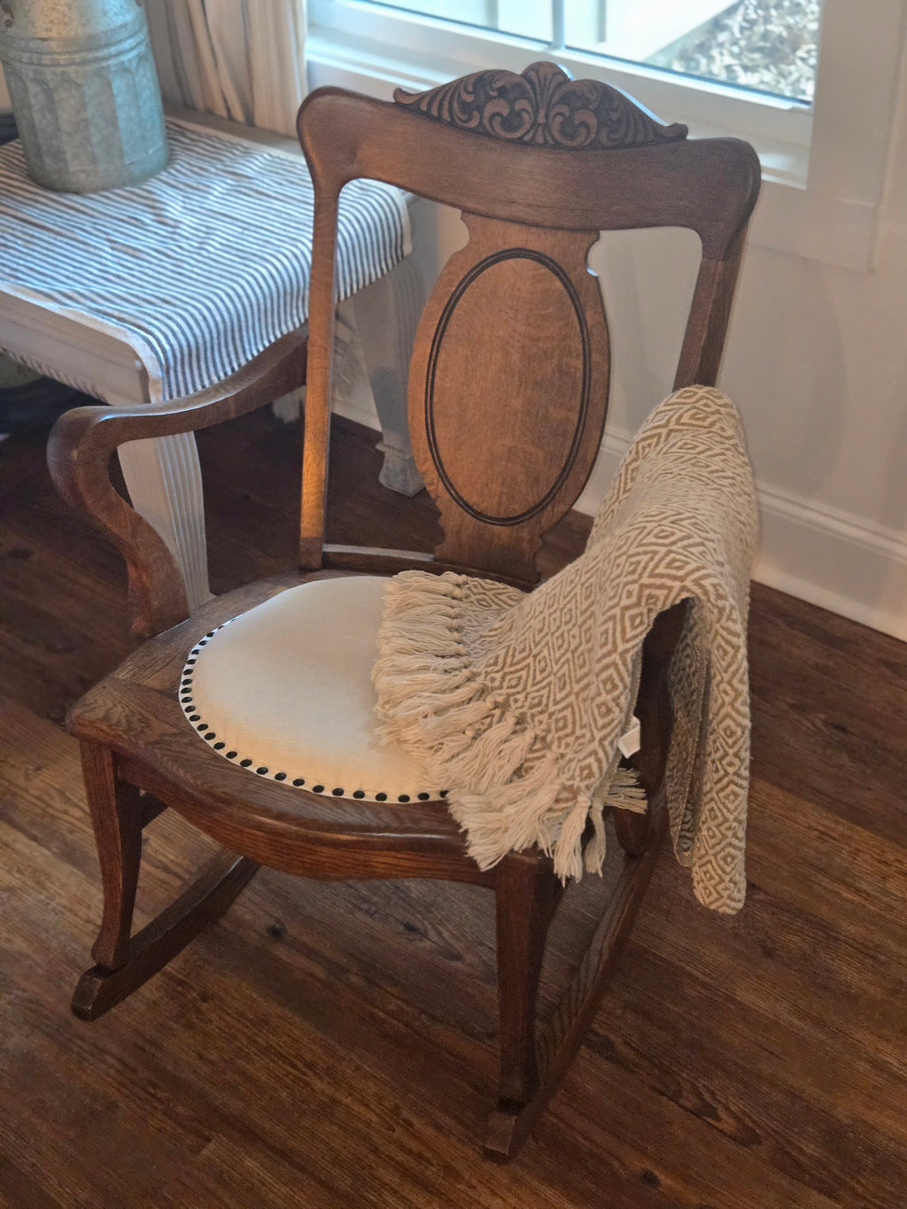 Vintage Solid Oak Rocking Chair - Refinished with Neutral Linen Upholstery