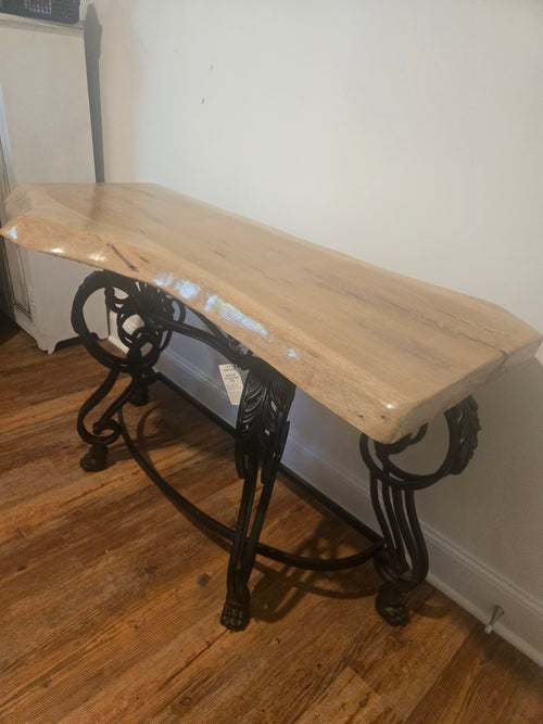 Elegant Live Edge Console Table with Ornate Black Iron Base