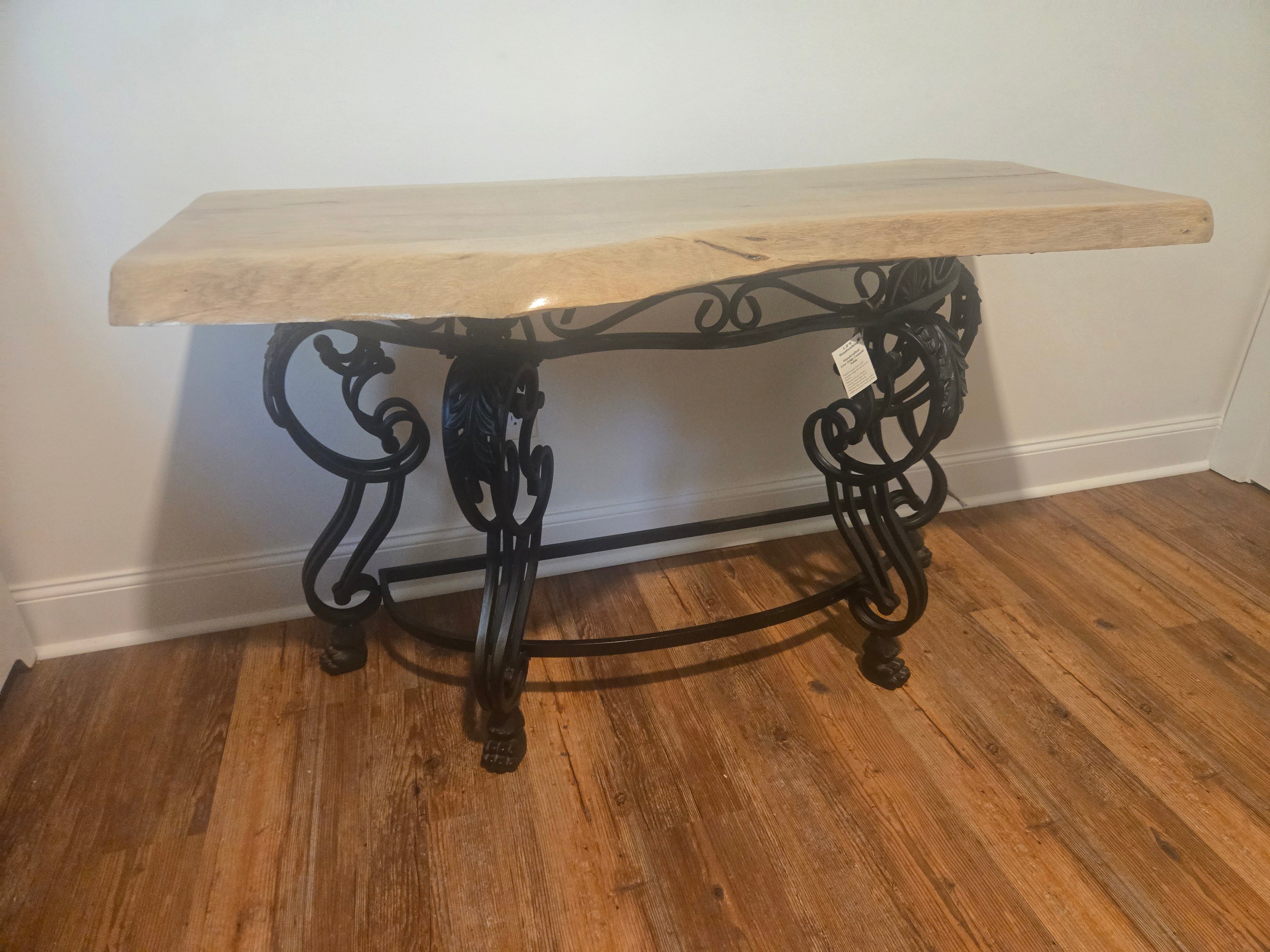 Elegant Live Edge Console Table with Ornate Black Iron Base