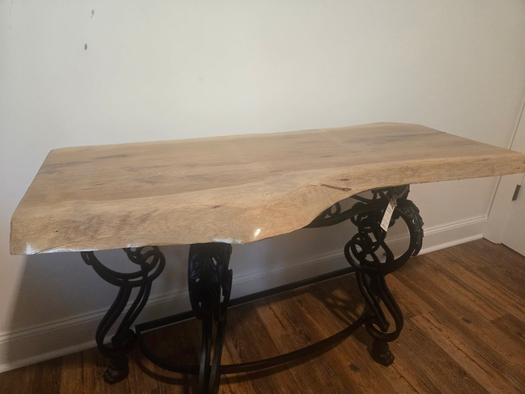 Elegant Live Edge Console Table with Ornate Black Iron Base