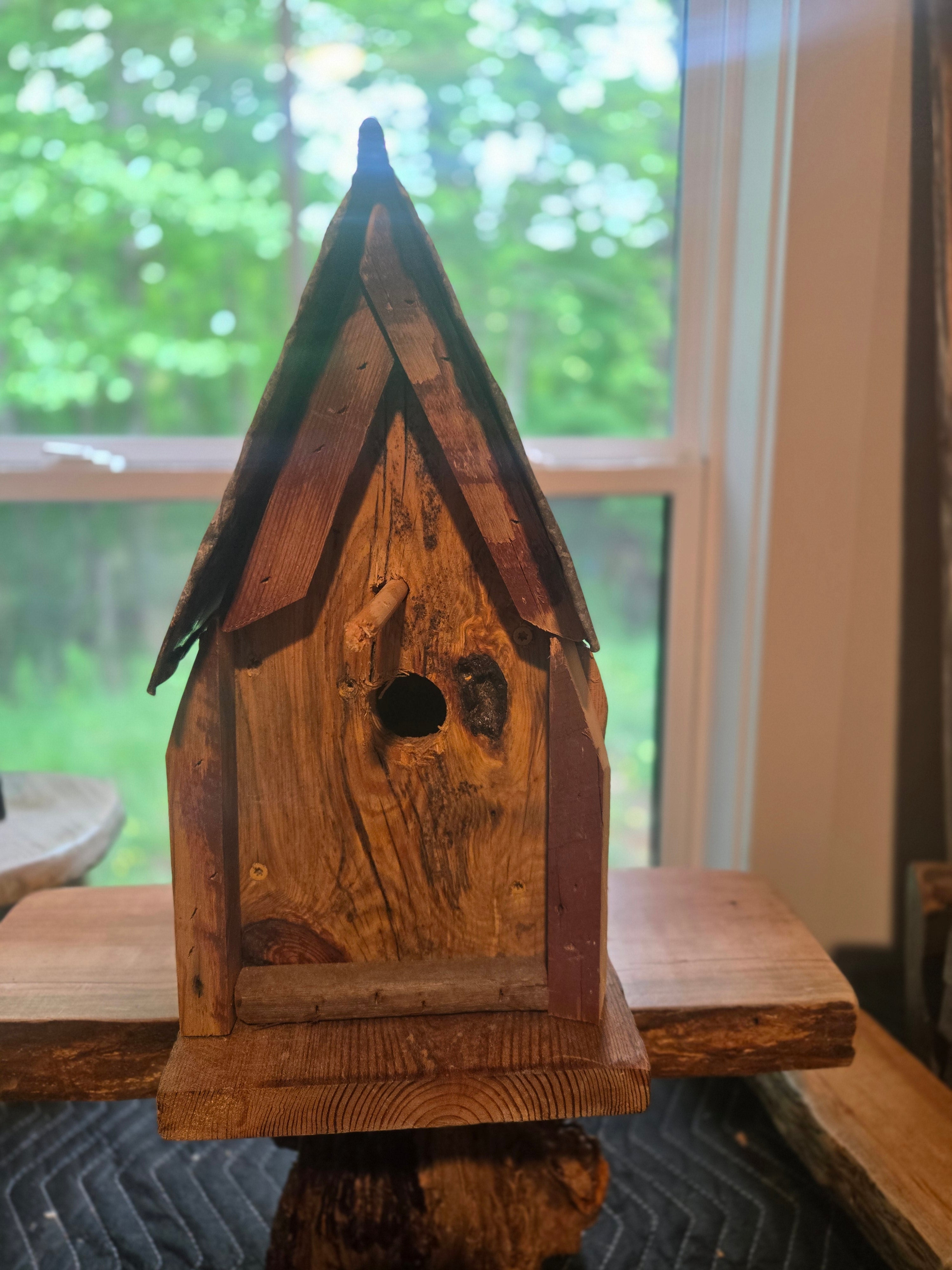 Rustic Cabin Birdhouse w/ Reclaimed Metal Roof – Handmade