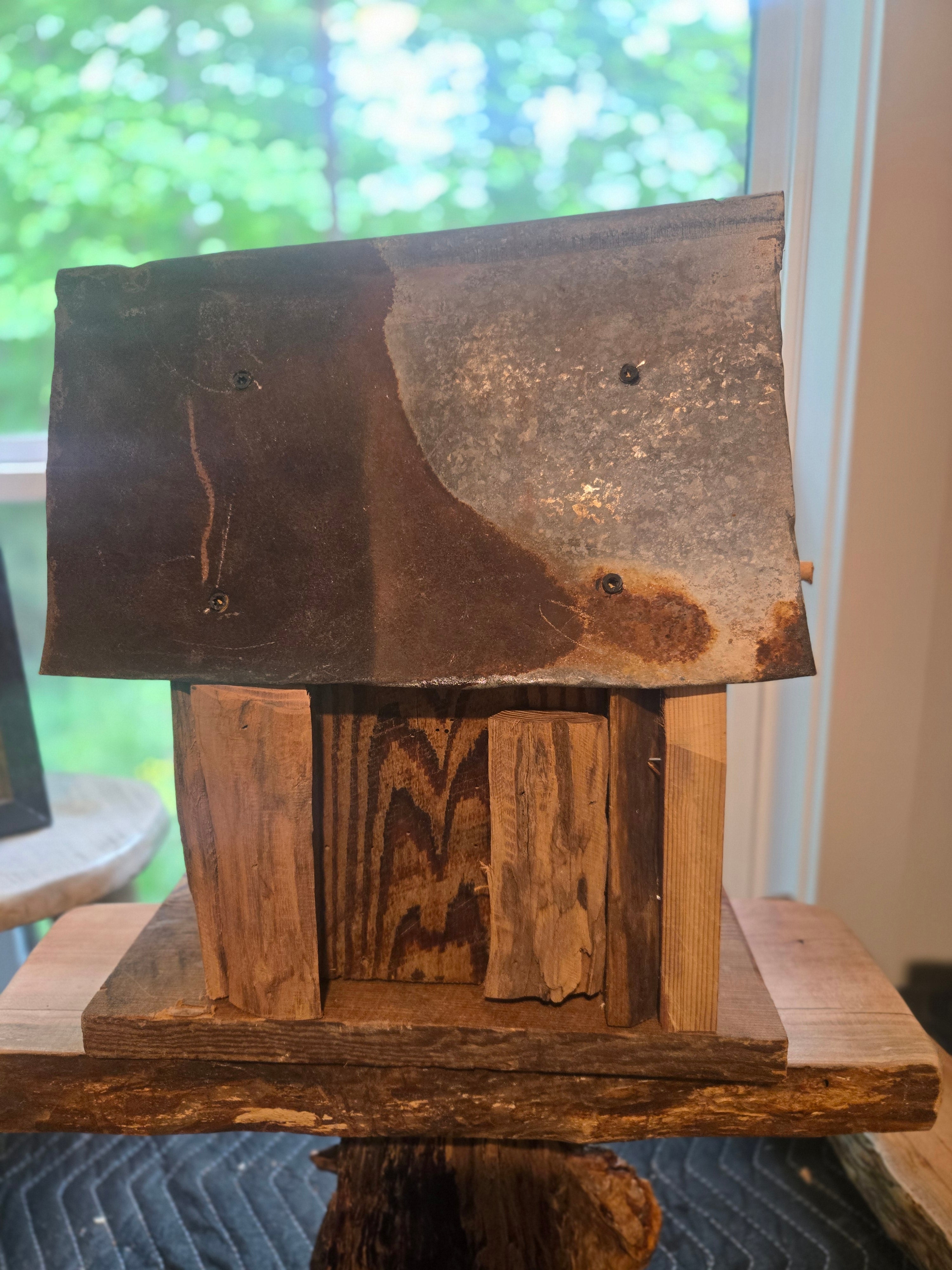 Rustic Cabin Birdhouse w/ Reclaimed Metal Roof – Handmade