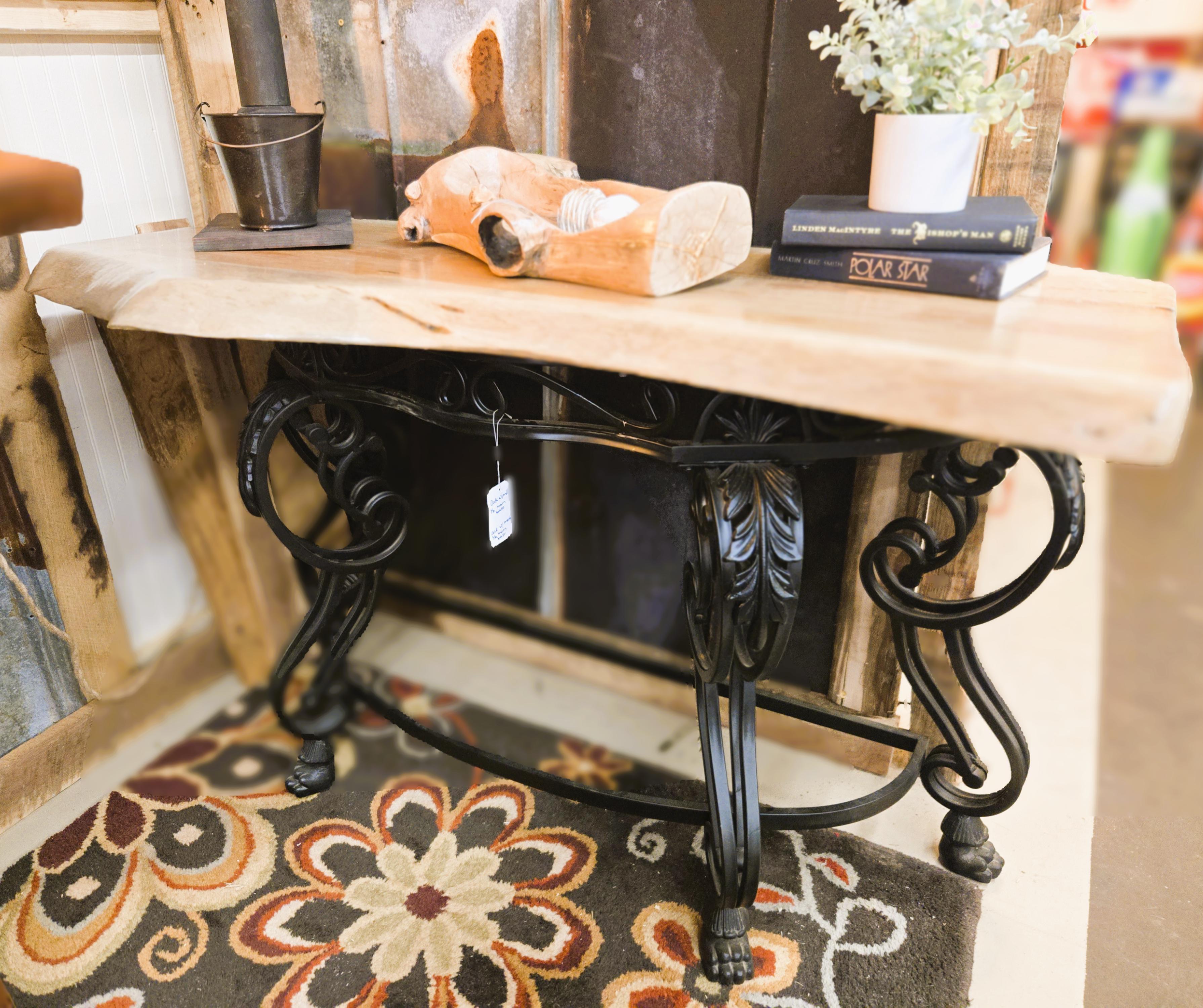 Elegant Live Edge Console Table with Ornate Black Iron Base